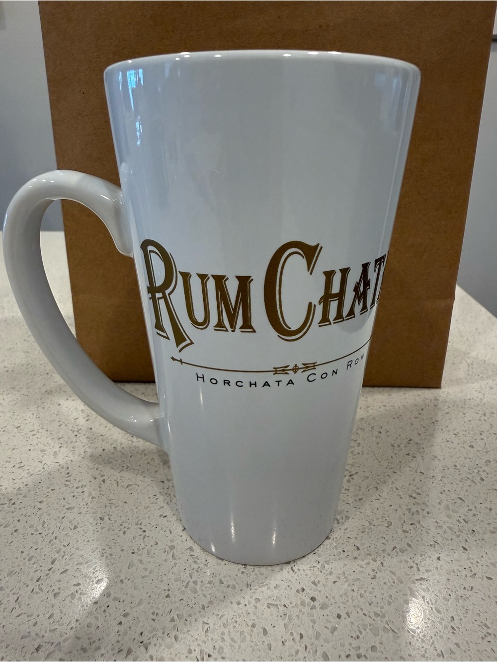 Branded White Ceramic Tall Mug with Gold Logo